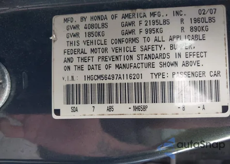 2007 Honda Accord 2.4 Lx z USA, uszkodzony, nr VIN 1HGCM56497A116201